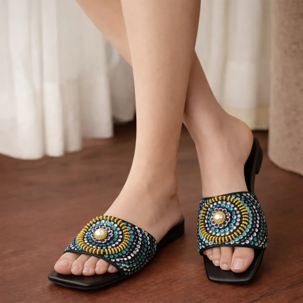 Pearl Work Ladies Slippers (YELLOW)