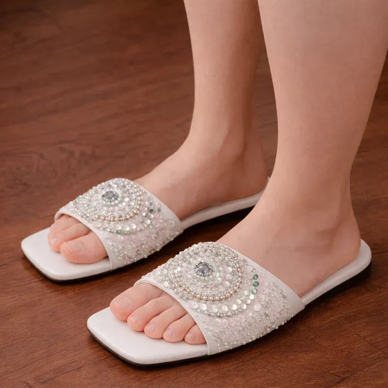 Pearl Work Ladies Slippers (WHITE)