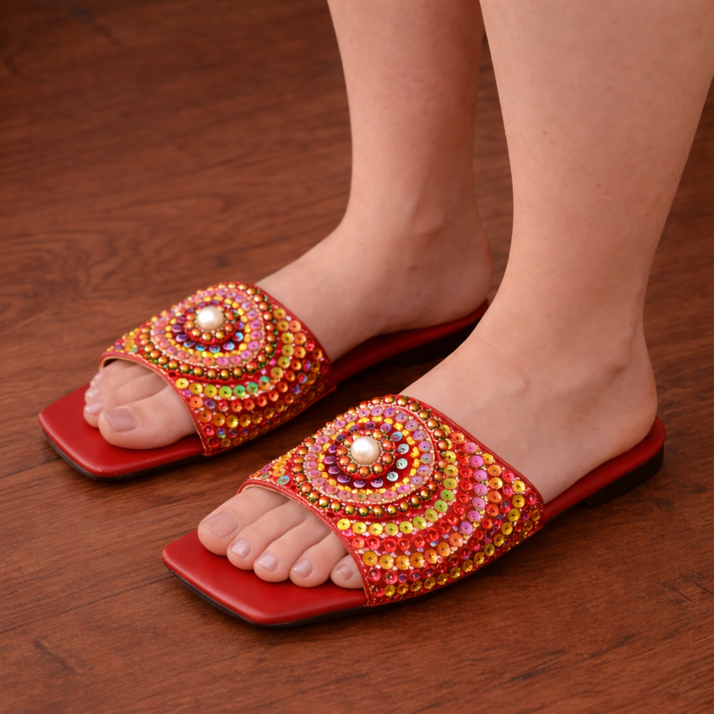 Pearl Work Ladies Slippers (MAROON)